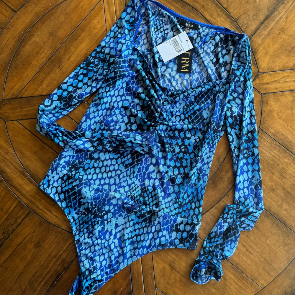 AFRM Blue Multi Long Sleeve V-Neck Bodysuit